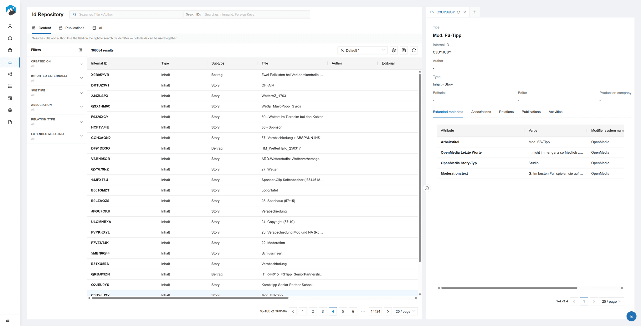 MMI ID Repository - Inhaltsübersicht und Metadaten-Panel
